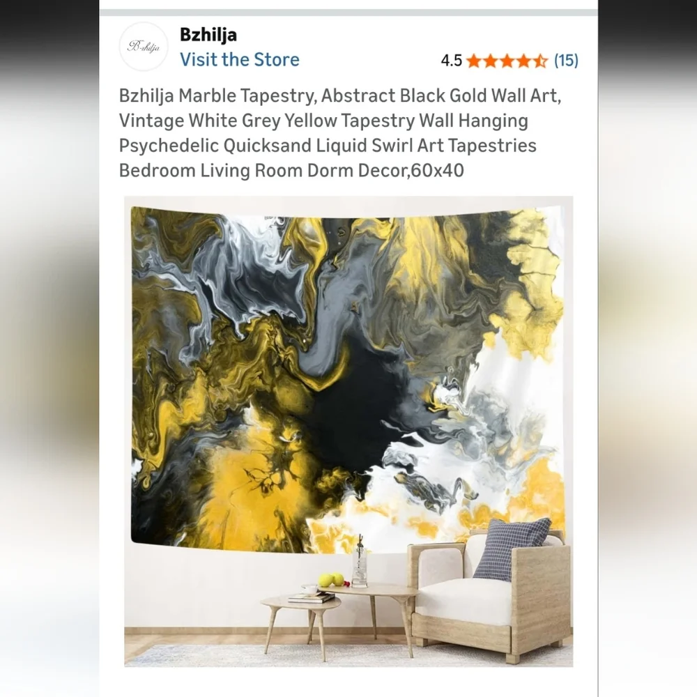 Abstract Marble Art Wall Tapestry in Yellow, Black & Gray